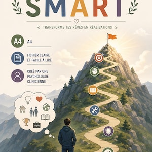 Peut inclure: Une affiche intitulée OBJECTIF SMART avec le sous-titre TRANSFORME TES RÊVES EN RÉALISATIONS. Elle montre une personne face à un chemin sinueux vers une montagne avec des icônes, la mention A4 et une bulle contenant des symboles comme une maison.