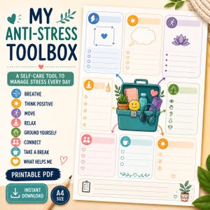 Peut inclure: Un document PDF imprimable au format A4 intitulé My Anti-Stress Toolbox, illustré par une boîte à outils sarcelle contenant des objets de bien-être. La mise en page présente diverses sections colorées avec des icônes pour respirer et se détendre.