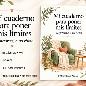 May include: A digital notebook cover titled Mi cuaderno para poner mis límites, Respetarme, a mi ritmo. The design features watercolor olive branches, a green armchair with a cream knit throw, a heart pillow, and a small wooden table with a cup.