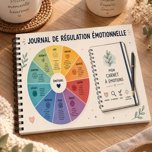 Peut inclure: Un journal de régulation émotionnelle à spirales présentant un diagramme circulaire coloré des émotions comme la joie, l'amour, l'anxiété, la colère, la honte, la peur, la tristesse, le dégoût et la surprise, avec un carnet Mon Carnet à Émotions.
