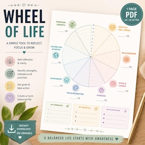 Peut inclure: Un modèle PDF imprimable Roue de la vie présentant un graphique circulaire divisé en huit segments étiquetés Croissance personnelle, Santé, Relations, Travail, Finances, Loisirs, Environnement et Contribution et objectif.