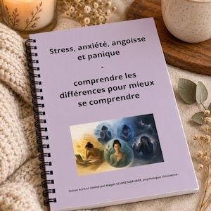 May include: A spiral-bound notebook with a light purple cover featuring the text "Stress, anxiété, angoisse et panique - comprendre les différences pour mieux se comprendre" and an illustration of people experiencing various emotional states.