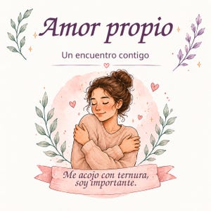 May include: A watercolor illustration featuring a person with brown hair in a bun, wearing a beige sweater and hugging themselves. The text reads Amor propio, Un encuentro contigo, and Me acojo con ternura, soy importante. Surrounded by leaves and hearts.