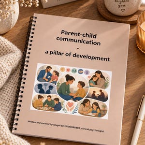 以下が含まれることがあります： 「Parent-child communication - a pillar of development」および「Written and created by Magali SCHWEINGRUBER, clinical psychologist」というテキストと、親子間の交流を描いたイラストのコラージュが表紙に印刷された、ライトタンカラーのリング綴じノート。