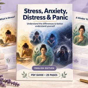 Puede incluir: Una guía en PDF de 29 páginas titulada Stress, Anxiety, Distress & Panic. La portada presenta ilustraciones de una persona en varios estados emocionales, trabajando en un portátil, reflexionando o en apuros. Incluye el texto English Edition.