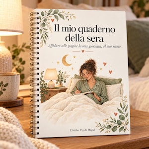 Könnte beinhalten: Ein spiralgebundenes Notizbuch mit dem Titel Il mio quaderno della sera und dem Untertitel Affidare alle pagine la mia giornata, al mio ritmo. Das Cover zeigt eine Aquarellillustration einer Person, die im Bett schreibt, umgeben von botanischen Akzenten, Sternen und einer Mondsichel.