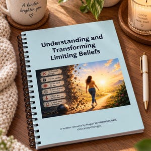 May include: A light blue spiral-bound notebook titled Understanding and Transforming Limiting Beliefs. The cover features an illustration of a person walking away from a wall of stone blocks labelled with negative thoughts towards a bright sunrise.