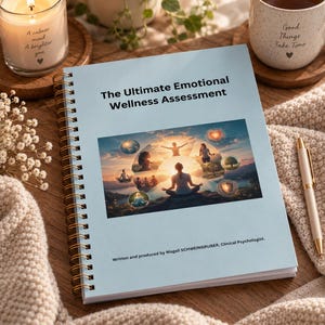 May include: A light blue spiral-bound notebook titled The Ultimate Emotional Wellness Assessment. The cover features a central image of a person meditating at sunset, surrounded by smaller circular illustrations of nature and symbols. Text reads Written and produced by Magali SCHWEINGRUBER, Clinical Psychologist.