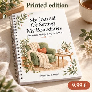 Op de afbeelding: Een spiraalgebonden dagboek met de titel My Journal for Setting My Boundaries en de ondertitel Respecting myself, at my own pace. De kaft bevat een illustratie van een groene fauteuil met een crèmekleurige plaid, een hartvormig kussen en tafel.