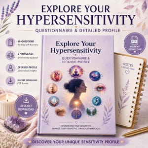 Puede incluir: Un libro de color morado claro titulado Explore Your Hypersensitivity Questionnaire & Detailed Profile. La portada presenta la silueta central de una persona rodeada de ilustraciones circulares de un corazón, cerebro, ojo, oído, paisaje, árbol, libro y manos.