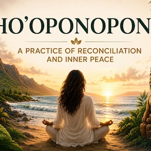 Peut inclure: Une illustration numérique avec le texte HO'OPONOPONO A PRACTICE OF RECONCILIATION AND INNER PEACE. Une personne est assise en méditation sur une plage au coucher du soleil, entourée de fleurs de frangipanier et d'une statue tiki en bois.