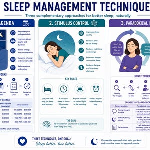Peut inclure: Une infographie éducative intitulée Sleep Management Techniques détaillant trois approches : Sleep Agenda, Stimulus Control et Paradoxical Intentions. Elle présente des illustrations de personnes dormant, des icônes, des guides et des tableaux.