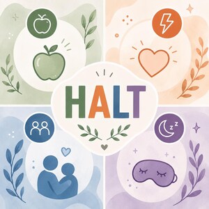 Puede incluir: Un gráfico cuadrado dividido en cuatro cuadrantes con la palabra HALT en el centro. El superior izquierdo muestra una manzana, el superior derecho un rayo y un corazón, el inferior izquierdo dos figuras y el inferior derecho un antifaz de dormir.