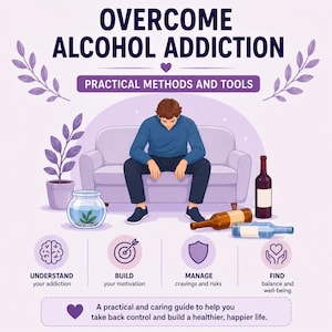 以下が含まれることがあります： OVERCOME ALCOHOL ADDICTION PRACTICAL METHODS AND TOOLSというタイトルのデジタルイラスト。ソファに座る人物と床のボトルが描かれています。UNDERSTAND、BUILD、MANAGE、FINDを表すアイコンと、コントロールを取り戻すことに関するテキストが含まれています。