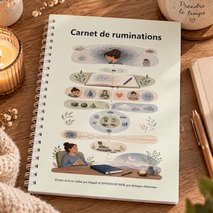 Pode incluir: Um caderno de espiral com uma capa verde-clara intitulada Carnet de ruminations. A capa apresenta uma ilustração em várias camadas retratando uma pessoa, um livro aberto, várias formas geométricas, ícones e uma pessoa sentada a uma secretária. O texto na parte inferior diz Fichier écrit et réalisé par Magali SCHWEINGRUBER, psychologue clinicienne.