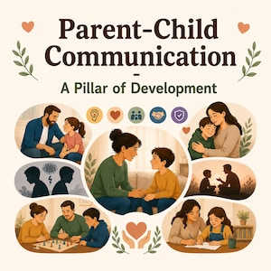 May include: An educational poster titled Parent-Child Communication: A Pillar of Development. It features various illustrations of parents and children interacting, including playing games, talking, and hugging, surrounded by small icons and leaf motifs.