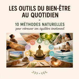 Op de afbeelding: Een poster met de titel LES OUTILS DU BIEN-ÊTRE AU QUOTIDIEN - 10 MÉTHODES NATURELLES pour retrouver son équilibre émotionnel. Het bevat een centrale afbeelding van een mediterend persoon, omringd door een cirkelvormig diagram met iconen.