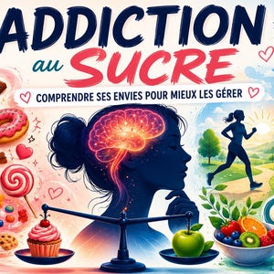 Puede incluir: Una ilustración gráfica titulada ADDICTION au SUCRE COMPRENDRE SES ENVIES POUR MIEUX LES GÉRER que muestra la silueta de una cabeza con un cerebro brillante, una balanza con un cupcake y una manzana, rodeada de dulces e iconos saludables.