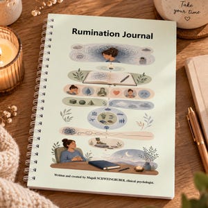 Op de afbeelding: Een spiraalgebonden Rumination Journal met een lichtgroene kaft voorzien van een gelaagde illustratie over het verwerken van gedachten en emoties. De tekst luidt: Rumination Journal en Written and created by Magali SCHWEINGRUBER, clinical psychologist.