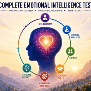 Peut inclure: Un graphique intitulé COMPLETE EMOTIONAL INTELLIGENCE TEST montrant la silhouette d'une tête humaine avec un cœur lumineux à l'intérieur. Un diagramme circulaire relie six icônes nommées Self-Awareness, Emotional Regulation, Empathy, Relationship Skills, Motivation & Resilience et Emotional Maturity.