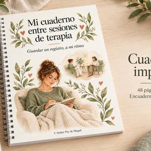 May include: A spiral-bound notebook titled Mi cuaderno entre sesiones de terapia with a watercolor illustration of a person writing in a chair, a therapy session scene, green leaves, and small red hearts. It includes 48 pages, A4 size, and spiral binding.