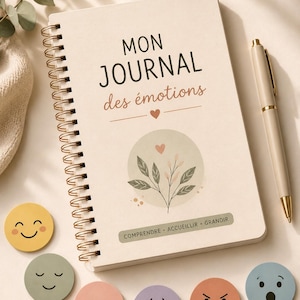 Può includere: Un quaderno a spirale con copertina color crema che riporta il testo MON JOURNAL des émotions, un'illustrazione botanica e le parole COMPRENDRE ACCUEILLIR GRANDIR. Accanto si trovano una penna beige e sette gettoni circolari con varie espressioni facciali.
