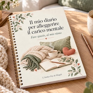Op de afbeelding: Een spiraalgebonden notitieboek met een crèmekleurige kaft met de Italiaanse tekst 'Il mio diario per alleggerire il carico mentale' en 'Fare spazio, al mio ritmo'. De kaft toont een gezellige scène met een gebreide deken en kussen.