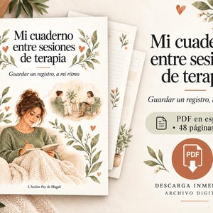 May include: A therapy journal titled Mi cuaderno entre sesiones de terapia featuring a watercolor illustration of a person writing in a notebook while seated in an armchair. The cover includes green foliage, small orange hearts, and text in Spanish.