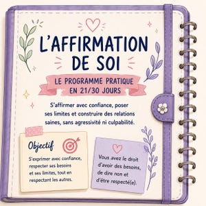 May include: A spiral-bound notebook with a purple cover featuring the French text L'AFFIRMATION DE SOI, LE PROGRAMME PRATIQUE EN 21/30 JOURS, and illustrations of hearts, stars, and leaves. The page includes sticky notes with text and a flower button closure.