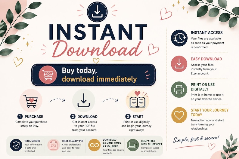 May include: An informational graphic titled INSTANT Download with a dark blue button stating Buy today, download immediately. It outlines a three-step process: 1 Purchase, 2 Download, and 3 Start, with icons for a shopping cart, download arrow, and open book.