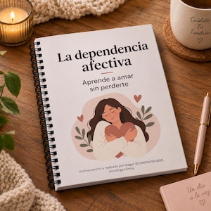 May include: A spiral-bound notebook with a white cover featuring the text La dependencia afectiva, Aprende a amar sin perderte, and an illustration of a person hugging a heart, with author credit to Magali Schweingruber.