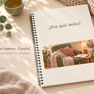 May include: A spiral-bound notebook with a white cover featuring the text "¿Por qué bebo?" and "Cuaderno impreso · Español" with "Encuadernación espiral · A4 · 20 páginas". The cover displays a rectangular photo of a cozy armchair with a blanket.