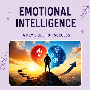Peut inclure: Une affiche graphique avec le texte EMOTIONAL INTELLIGENCE A KEY SKILL FOR SUCCESS. Elle montre une personne debout sur un sommet entre un cœur rouge lumineux et un cerveau bleu, avec des icônes de personnes, cœurs, sourires, ampoules et cibles.