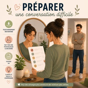 Op de afbeelding: Een digitale gids getiteld PRÉPARER une conversation difficile met een checklist met vijf ronde iconen. De afbeelding toont een persoon die het document voor een spiegel houdt, met een persoon op de achtergrond. De tekst bevat TÉLÉCHARGEMENT INSTANTANÉ, FAIT PAR UNE PSYCHOLOGUE CLINICIENNE, FICHIER A4 en CLARTÉ ET FACILE À COMPRENDRE.