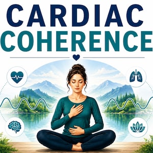 May include: A graphic featuring the text CARDIAC COHERENCE in dark blue, with a person sitting in a cross-legged meditation pose. The scene includes icons of a heart, lungs, brain, and lotus flower, set against a backdrop of mountains and a lake.