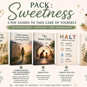 Peut inclure: Une collection numérique intitulée PACK: Sweetness comprenant 5 guides PDF : Exploring Your Family Heritage, Understanding and Transforming Limiting Beliefs, The Inner Child, HALT 1 Minute For You et Gratitude Journal, présentés avec une tasse.