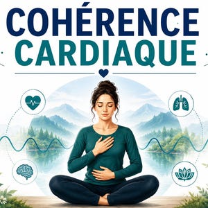 May include: A graphic illustration featuring the text COHÉRENCE CARDIAQUE above a person sitting in a cross-legged position with hands on their chest and stomach. The design includes icons of a heart, lungs, brain, and lotus flower with a wave line.