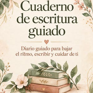 May include: A guided writing journal with a cream background, featuring watercolor illustrations of green leaves and white flowers. The text reads: Cuaderno de escritura guiado, Diario guiado para bajar el ritmo, escribir y cuidar de ti, Un espacio para mí.
