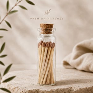 Premium candle matches in a clear glass bottle with cork lid, stylish candle accessory for scented soy candles, gift sets, home décor, and relaxing self-care moments.