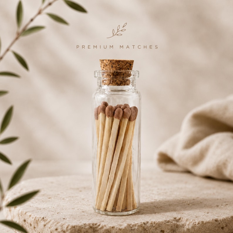 Premium candle matches in a clear glass bottle with cork lid, stylish candle accessory for scented soy candles, gift sets, home décor, and relaxing self-care moments.