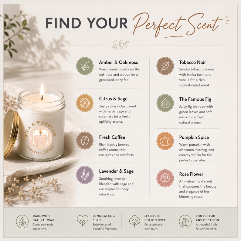 Scented soy candle fragrance guide featuring Amber & Oakmoss, Citrus & Sage, Fresh Coffee, Lavender & Sage, Tobacco Noir, Famous Fig, Pumpkin Spice, and Rose Flower scents for personalized candles and candle gifts.