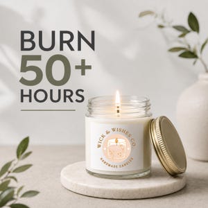 Long lasting personalized soy candle with 50+ hour burn time, scented candle in clear glass jar, handmade gift candle for birthdays, housewarming, weddings, and special occasions.