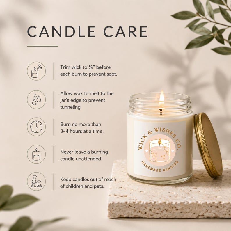 Personalized scented soy candle care guide featuring wick trimming, candle safety tips, burn time instructions, and handmade candle care for clear glass jar candles.