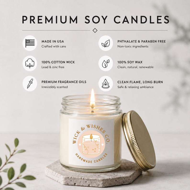 Premium scented soy candle made in the USA with 100% soy wax, cotton wick, phthalate-free fragrance oils, clean burn technology, and long-lasting fragrance for home décor and gifts.
