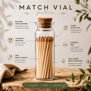 Premium candle match vial featuring 20 safety matches, clear glass bottle, natural cork stopper, and long wooden matches for scented soy candles, gift sets, and home décor.