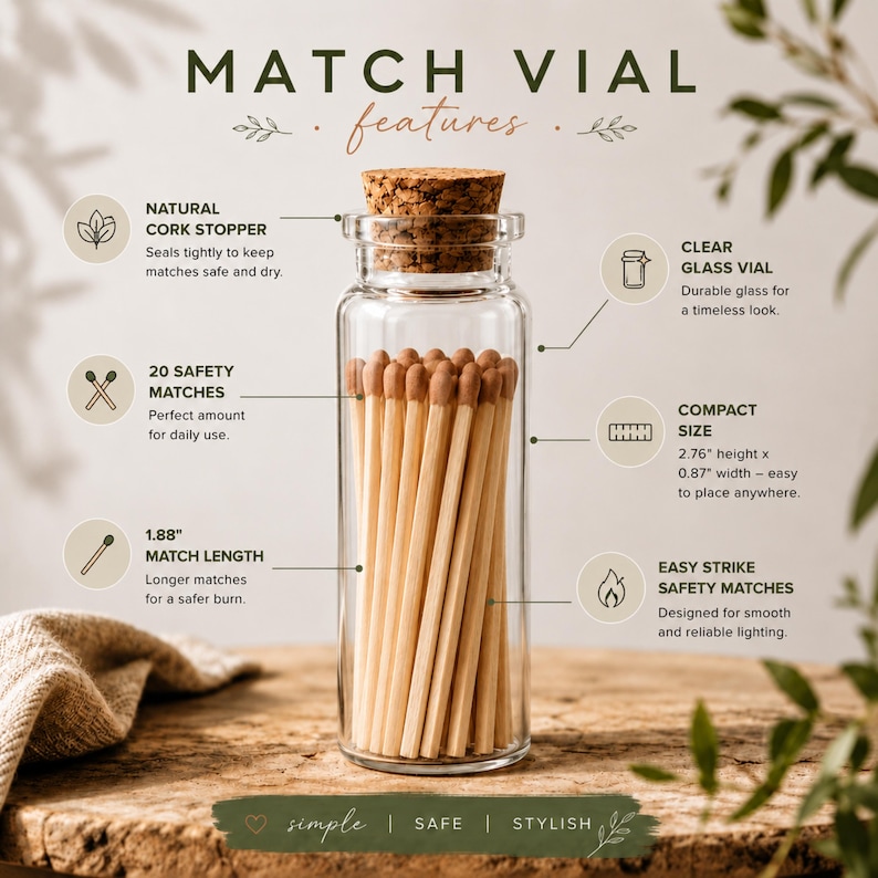 Premium candle match vial featuring 20 safety matches, clear glass bottle, natural cork stopper, and long wooden matches for scented soy candles, gift sets, and home décor.