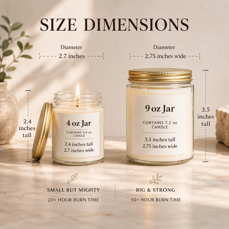 Personalized soy candle size guide showing 4 oz and 9 oz candle jars, burn time comparison, dimensions, clear glass candle containers, handmade scented candle gift.