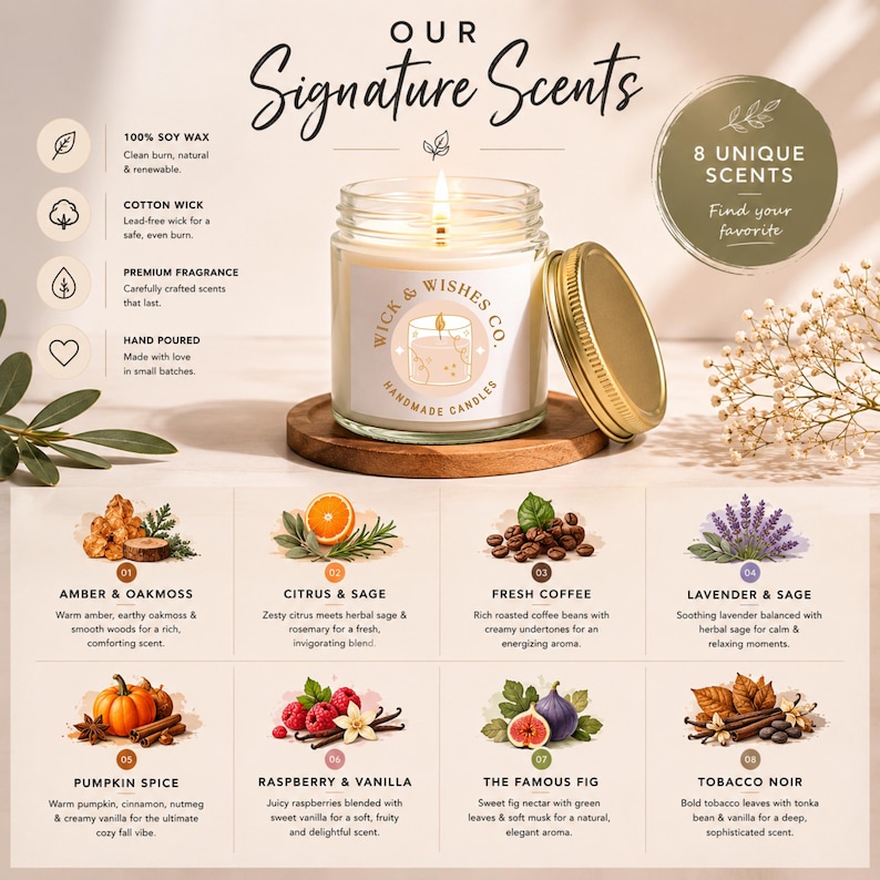 Candle scent guide for personalized soy candles featuring Amber & Oakmoss, Citrus & Sage, Fresh Coffee, Lavender & Sage, Tobacco Noir, Pumpkin Spice, Fig, and Rose Flower fragrance options.
