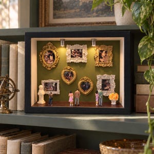 May include: A black rectangular shadow box display case featuring an olive green interior wall with six ornate gold and silver picture frames containing photographs, illuminated by two small overhead lights, with miniature figurines standing below.