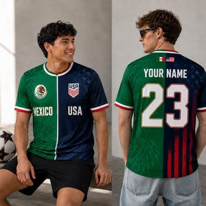 May include: A split-design football shirt featuring a green side with the Mexico crest and text, and a navy blue side with the USA crest and text. The back displays the text YOUR NAME and the number 23, with small Mexico and USA flag icons.